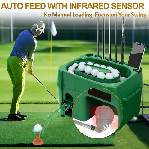 Automatic Golf Ball Dispenser And Tee Up Trainer For Driving Range And Home Practice With 40 Ball Capacity in use on grass