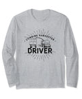 Grey long sleeve t-shirt with Combine Harvester Driver design; Long Sleeve T Shirt For Farmers And Harvest Lovers With Funny Reaper And Combine Harvester Driver Design Featuring Threshing And Harvesting Machine Theme For Men Women And Kids.