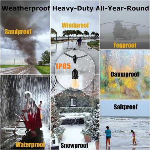 Outdoor LED String Lights 48Ft Heavy Duty Linkable Patio Lighting With Shatterproof Bulbs weatherproof benefits collage