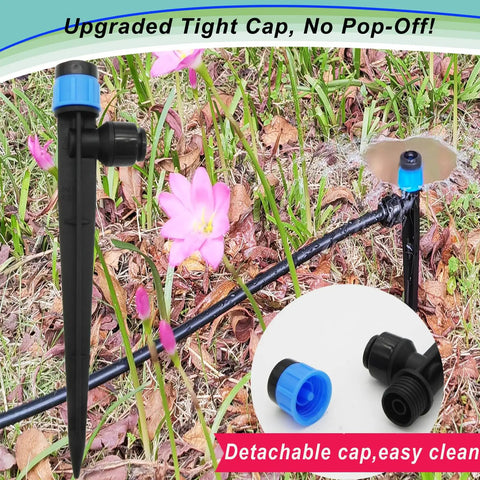 30 Pack Adjustable Drip Irrigation Emitters With Push To Quick Connect No Tools Needed To One Quarter Inch Tubing 360 Degree Rotating Water Spray Blue Vortex Emitters On Five And A Half Inch Stakes For Garden Watering System shown in garden setting with detachable cap cleaning detail