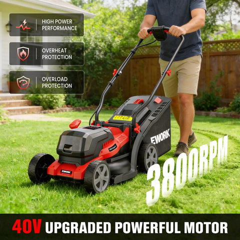 40V Cordless Lawn Mower With 14 Inch Deck, Two 4.0Ah Batteries And Charger, Grass Catcher, Ultra Lightweight At 21 Lbs, Six Height Settings, Battery Powered Mower For Small Yards in use on a lawn