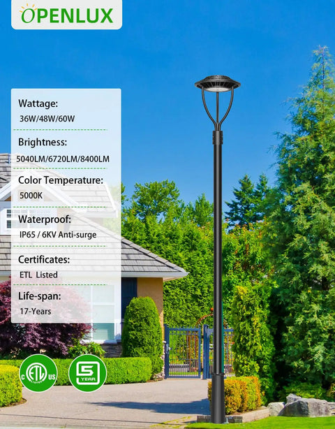 LED Post Top Light 60W 48W 36W Adjustable Outdoor Pole Light With Photocell IP65 Waterproof Fixture 5000K in garden setting