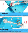 CNCTOPBAOS 12V/24V linear actuator on blue frame; top angle-adjustment screw, bottom micro-adjustment near axis.