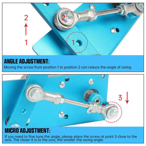 CNCTOPBAOS 12V/24V linear actuator on blue frame; top angle-adjustment screw, bottom micro-adjustment near axis.