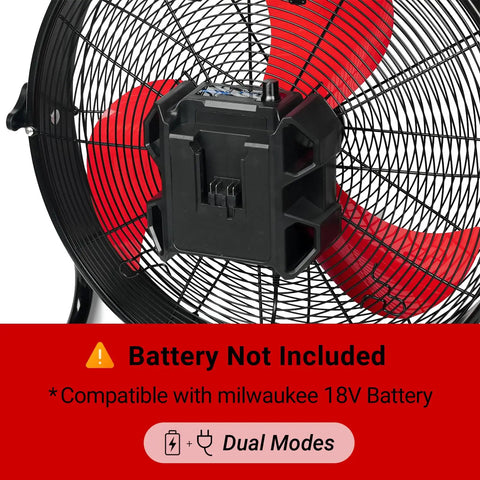 Close-up of 18 Inch High Velocity Brushless Floor Fan With Dual Power DC AC fan blades and battery compartment, cord not included.
