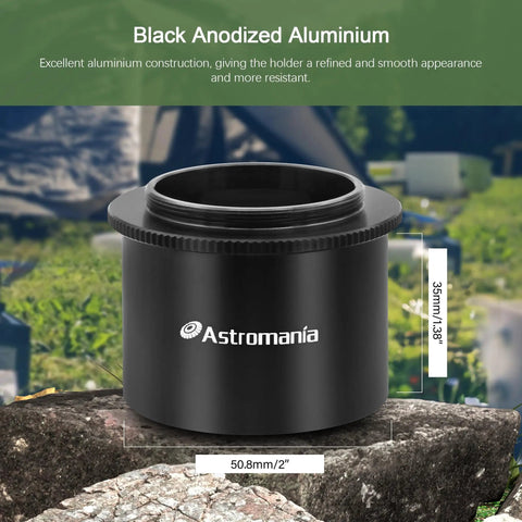 Black anodized 2-inch T2 telescope camera adapter with branding, showing 50.8mm size, durable for DSLRs and astrophotography.