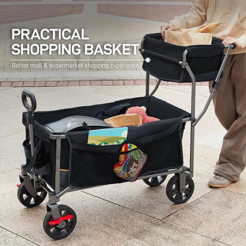 Person using Push And Pull Collapsible Shopping Cart With Wheels And Brakes Foldable Grocery Wagon With Built In Basket Side Pockets And Cup Holders Beach And Camping Utility Rolling Cart Black filled with items.