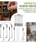 Alloy Mini Golf Club Set With Six Clubs And Four Balls For Dollhouse Dioramas, silver alloy clubs displayed with measurements.
