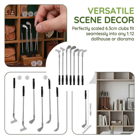 Alloy Mini Golf Club Set With Six Clubs And Four Balls For Dollhouse Dioramas, silver alloy clubs displayed with measurements.