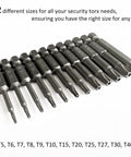 Rock Solid Security Torx Screwdriver Bit Set Featuring Magnetic S2 Steel Star Bits For Furniture Assembly and Home Repairs Includes Heavy Duty Hex Shank Driver Kit with 12 sizes.