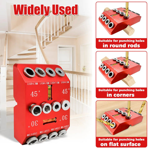 Heavy Duty Angle Drill Guide Jig With Integrated Bubble Level And Four Titanium Bits For Dead Accurate 30 45 And 90 Degree Precision on wooden posts and stairs.
