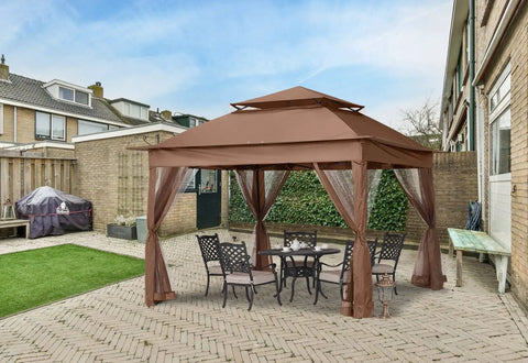 Pop Up Patio Gazebo With Mesh Walls 11x11 Brown, Easy Setup For 1 To 2 People, 121 Square Feet Covered Shade in backyard