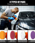 Person using Cordless 3 Inch Palm Sander Kit With 16.8V 3.0Ah Liion Battery on car; pads include sponge, fiber, wool, sandpaper.