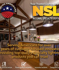 Kitchen with pendant lights, NSL logo, and text about over 30 years of specialty lighting service, trusted partner in lighting.