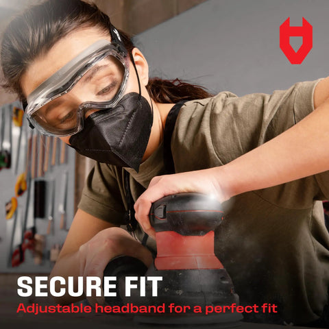 Person wearing Anti Fog Safety Goggles With Premium Anti Scratch Coating And Lenses UV Shield Vented Panoramic Eye Protection ANSI Z87 Lab Goggles