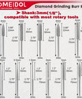 Diagram of Dremel Compatible Diamond Burr Bits Kit For Carving Engraving Grinding And Polishing Stone Glass Jewelry And Rocks With One Eighth Inch Shank Eleven Piece Rotary Tool Accessory Set showing bit sizes