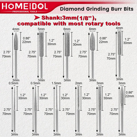 Diagram of Dremel Compatible Diamond Burr Bits Kit For Carving Engraving Grinding And Polishing Stone Glass Jewelry And Rocks With One Eighth Inch Shank Eleven Piece Rotary Tool Accessory Set showing bit sizes