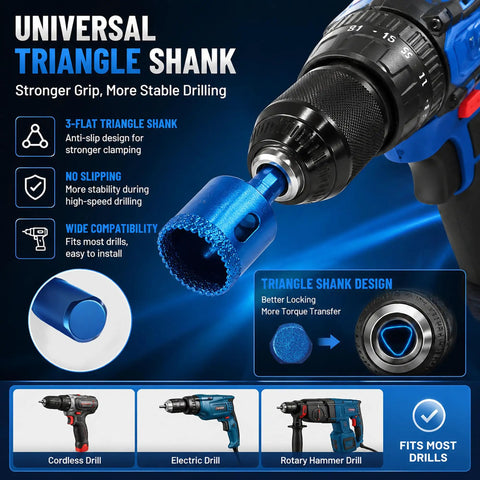 Universal triangle shank drill bit fits cordless, electric, and rotary hammer drills for stable drilling
