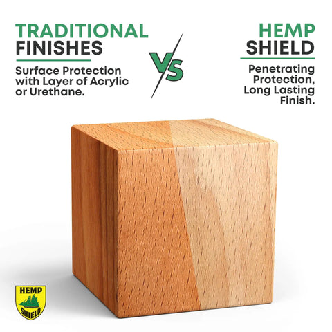 Comparison of Premium Exterior Wood Stain And Sealer In One Semi Transparent Cedar Color on wood cube showing different finishes.