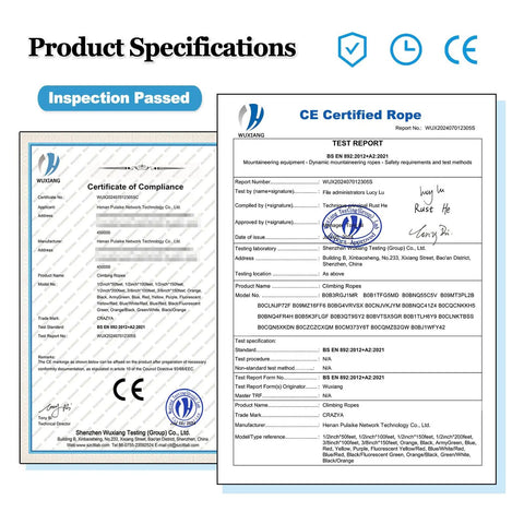 Product specifications showing certificate and test report for Half Inch By 100 Ft Double Braid Arborist Rigging Rope.