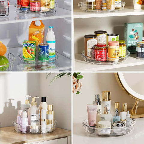 Three Pack Lazy Susan Turntable Organizer Set for Cabinets Pantry Fridge and Countertop Storage with spices and condiments.