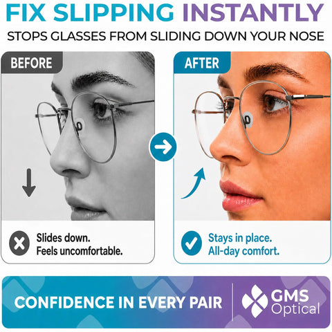 Before and after images showing Quality Silicone Nose Pads For Glasses Replacement Teardrop Medium 15mm Push In Mount Smooth Swap.