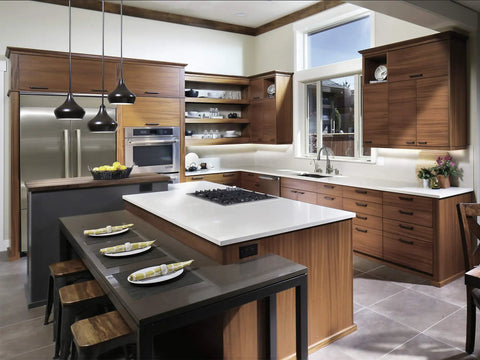 Modern kitchen with Mahogany Wood Veneer Sheet 24x96 Inch Flat Cut With 3M Peel And Stick Self Adhesive Backing A Grade Smooth Finish on cabinets
