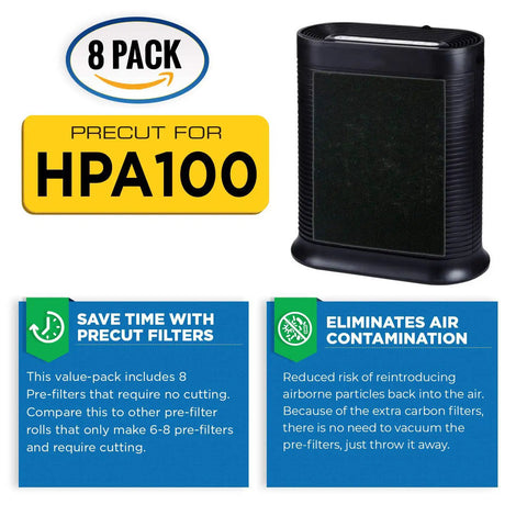 8 Pack Carbon Pre Filters for HPA100 Series Air Purifiers Save Money with product details and purifier image