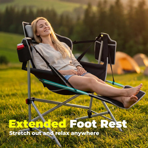 Woman relaxing on Oversized Hammock Camping Chair With Footrest, Swing Rocker Design, Adjustable Back And Seat Angles outdoors