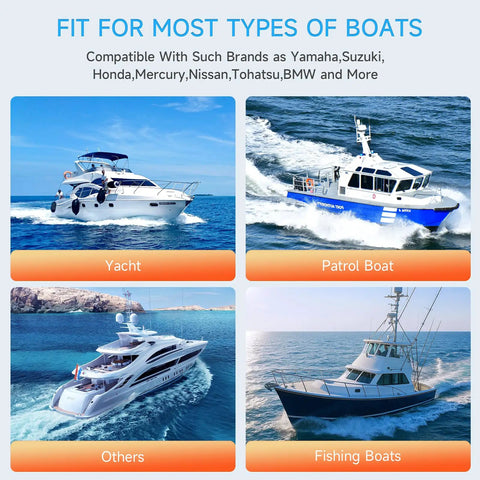 Collage of various boats including yacht, patrol boat, fishing boat, illustrating compatibility of 90HP Outboard Hydraulic Steering Kit.