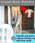 Image of a woman sliding a wardrobe door with 4 Pack Closet Sliding Door Roller Kit For Top Hung Bypass Wardrobe Doors Replacement Wheels With 8 Screws Includes 1/4 Inch And 1/2 Inch Thick Doors Suitable For Kitchen And Closet Sliding Systems, showing rollers and screws on the side.