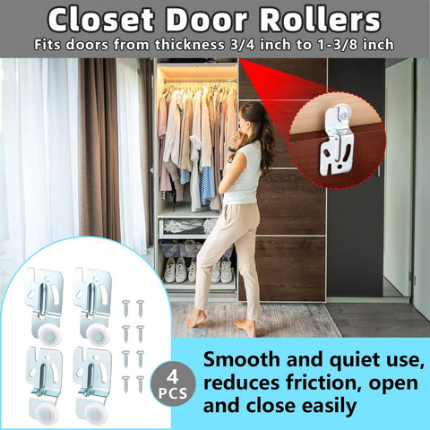 Image of a woman sliding a wardrobe door with 4 Pack Closet Sliding Door Roller Kit For Top Hung Bypass Wardrobe Doors Replacement Wheels With 8 Screws Includes 1/4 Inch And 1/2 Inch Thick Doors Suitable For Kitchen And Closet Sliding Systems, showing rollers and screws on the side.