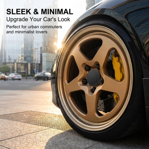 Road Ready 4 Pack Universal Car Wheel Center Caps 2.36 Inch Snap In Hub Cover Replacement Abs Plastic Rim Caps For Daily Drivers Trucks Suvas Quick Swap Slick Black Finish on gold wheel in urban setting.