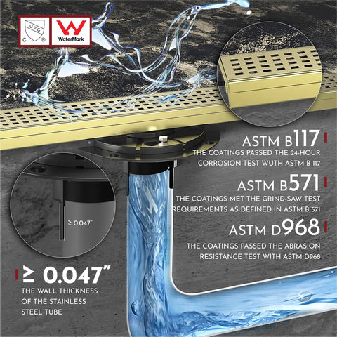 Super Efficient 36 Inch Linear Shower Drain In Brushed Gold For Fast Drainage And Clog Prevention With ASTM certifications shown