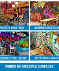Non Sacrificial Anti Graffiti Coating No Fuss Ready To Use Sealant That Lets Graffiti Be Removed Cleanly For Up To 5 Years Protects Concrete Stucco Brick Wood Metal Plastic And Painted Surfaces Covers Up To 300 Sq Ft Per Gallon shown protecting wood, brick, stone, and graffiti-repelling surfaces.