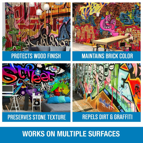 Non Sacrificial Anti Graffiti Coating No Fuss Ready To Use Sealant That Lets Graffiti Be Removed Cleanly For Up To 5 Years Protects Concrete Stucco Brick Wood Metal Plastic And Painted Surfaces Covers Up To 300 Sq Ft Per Gallon shown protecting wood, brick, stone, and graffiti-repelling surfaces.