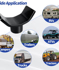 Front view: black bottle jack adapter with lifting saddle for RVs, trailers and trucks; fits 2–4 in round or square tubes.