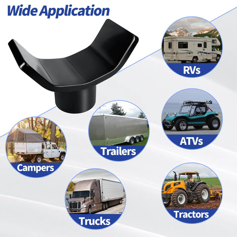 Front view: black bottle jack adapter with lifting saddle for RVs, trailers and trucks; fits 2–4 in round or square tubes.