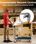 CAMMOO hydraulic lift table cart, gray, 330 lb capacity, side view lifting a cardboard box.