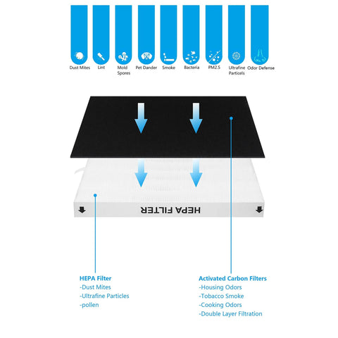 Illustration of H13 True HEPA Replacement Filter Set For Airmega Purifiers with diagram of HEPA and carbon filter layers.