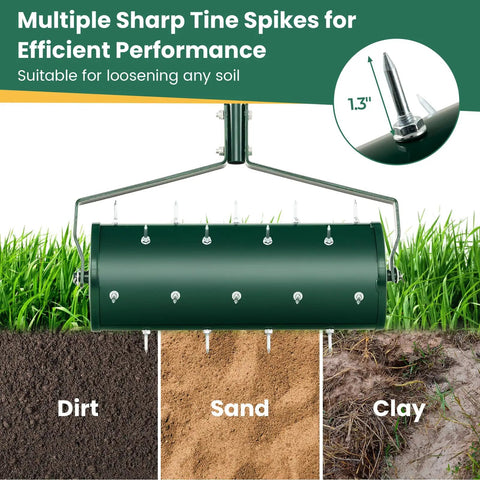 Rolling Lawn Aerator with 18-inch spikes for dirt, sand, clay soils, ergonomic handle, manual turf care tool