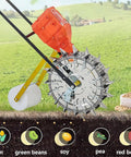 Adjustable Garden Seed Spreader Cart With 400 Sq Meters Per Hour Hopper Capacity showing seed varieties in soil, rugged wheel design