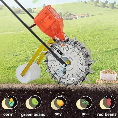 Adjustable Garden Seed Spreader Cart With 400 Sq Meters Per Hour Hopper Capacity showing seed varieties in soil, rugged wheel design