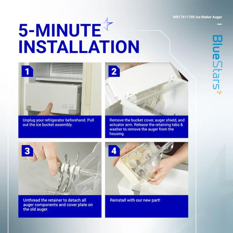 Four-step installation guide for Ultra Durable Ice Maker Auger Replacement For GE Hotpoint Refrigerators Fits WR17X11705.