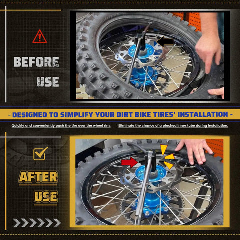 Portable Must Have Dirt Bike Tire Changing Tool Kit Fits 16 To 21 Inch Wheels With Rack And Pinion System Before After Use