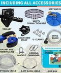 Backyard Zip Line Kit For Kids And Adults Up To 450 Lbs 150 Ft Outdoor Zipline With Rustproof Cable Removable Trolley Swing Seat No Fuss Safety Harness And Spring Brake, including accessories displayed.