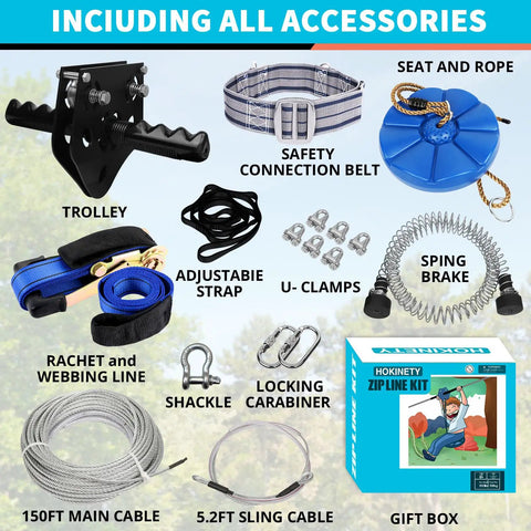 Backyard Zip Line Kit For Kids And Adults Up To 450 Lbs 150 Ft Outdoor Zipline With Rustproof Cable Removable Trolley Swing Seat No Fuss Safety Harness And Spring Brake, including accessories displayed.