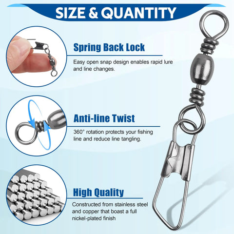 75 Piece Rolling Barrel Swivel Kit With Safety Snap For High Strength Fishing Line Connectors And Tackle, Saltwater Ready Stainless Steel Copper Build, 360 Degree Spin, Durable Gear For Freshwater And Saltwater Fishing showing spring back lock and anti-line twist