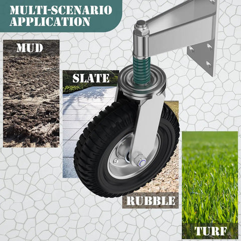 Six Inch Spring Loaded Gate Wheel For Metal Tubes And Wooden Gates, 700 Lb Capacity Heavy Duty Caster on mud, slate, rubble, turf