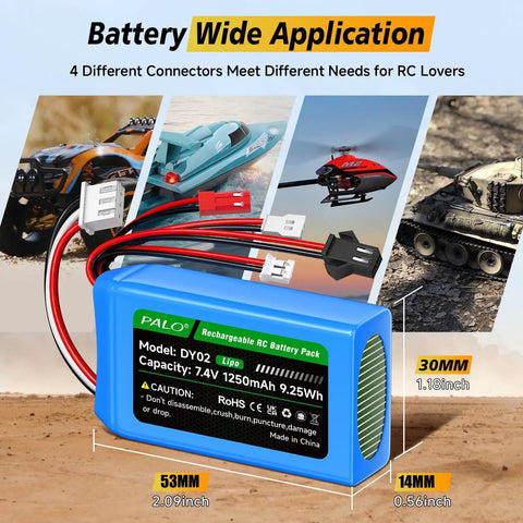 Two Pack 7.4V 2S LiPo RC Battery Set 1200mAh 35C Burst 70C High Discharge With JST PH2.0 SM2.0 MX2.0 Connectors On Display